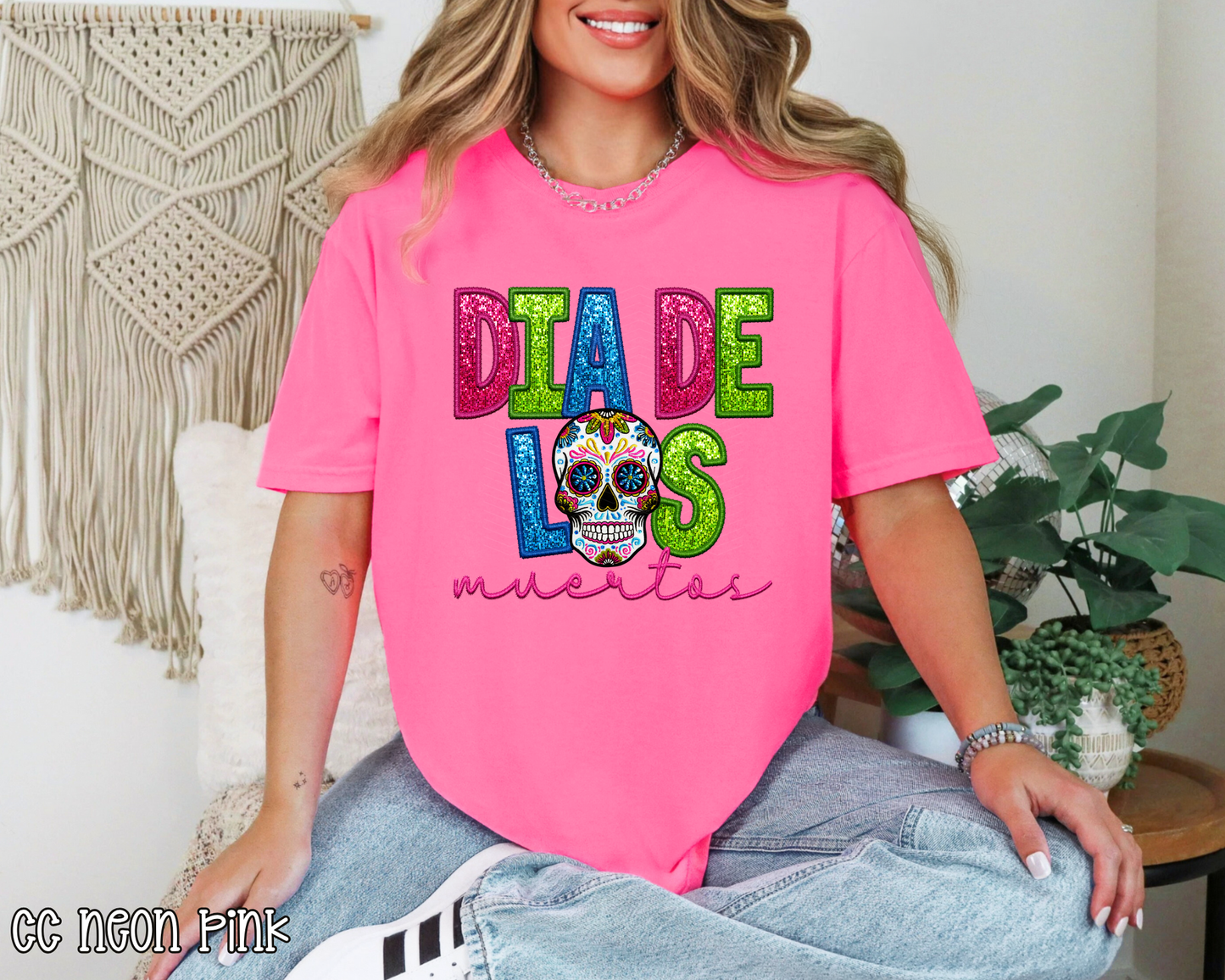 Dia De Los Muertos Faux Embroidery Glitter DTF TRANSFER
