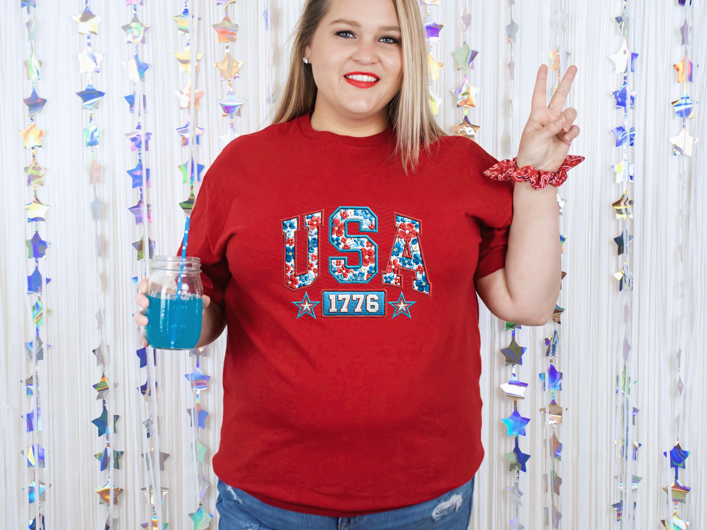 USA 1776 Floral Faux Embroidery DTF TRANSFER