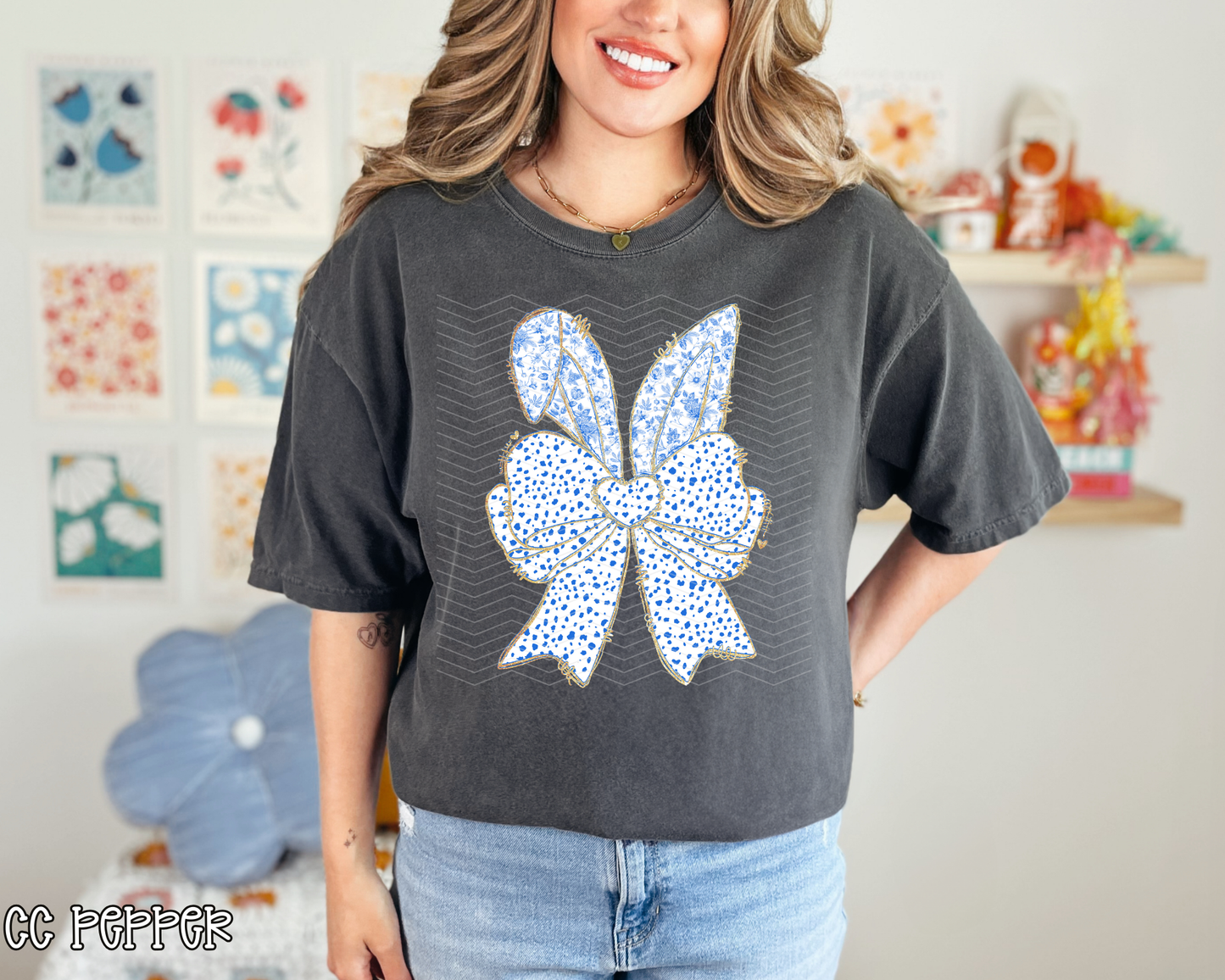 Blue Chinoserie Bunny Ears DTF TRANSFER