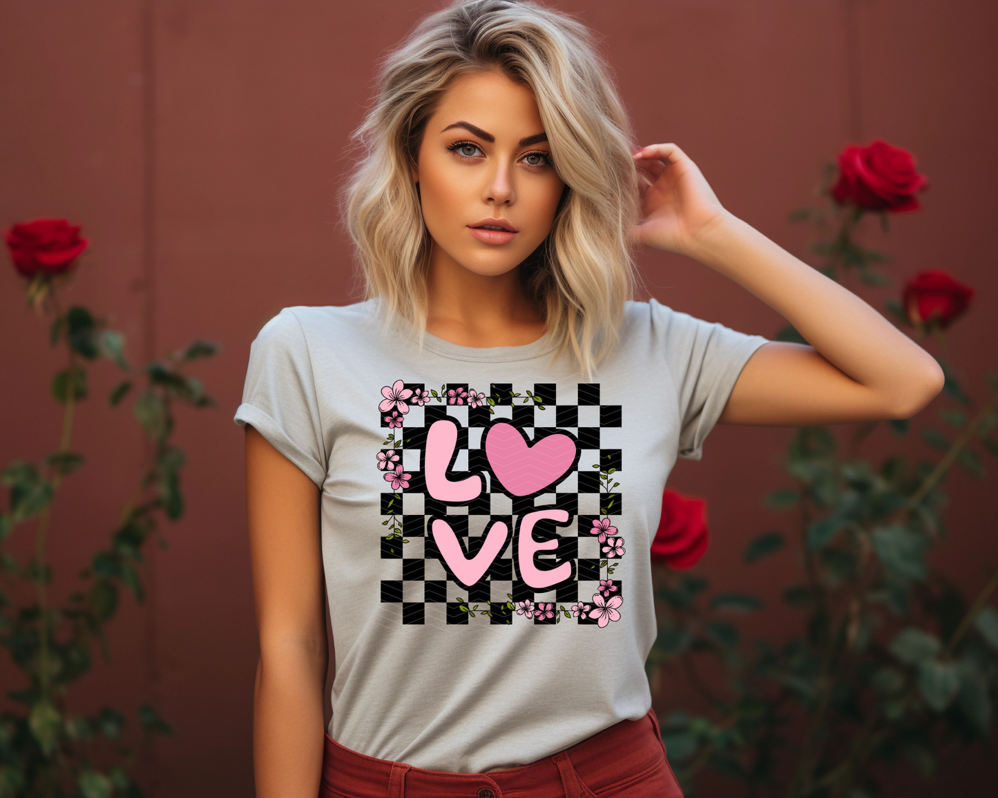 Checkered Love Flowers DTF TRANSFER