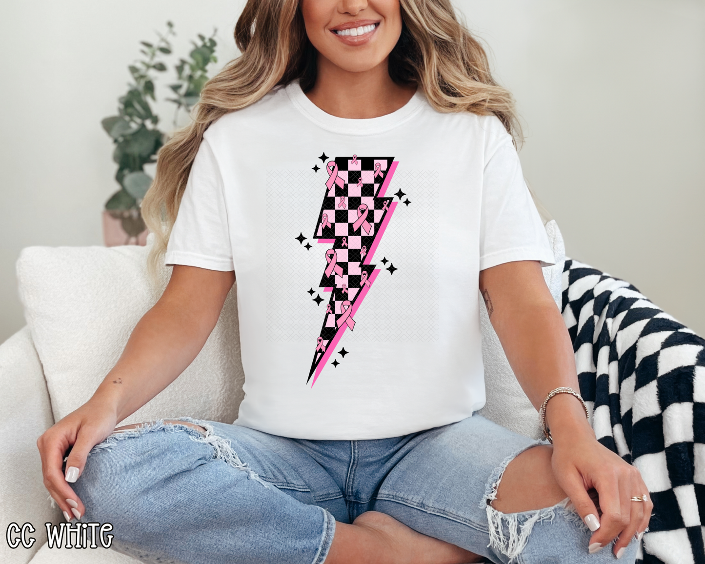 Cancer Ribbon Lightning Bolt Black Pink DTF TRANSFER