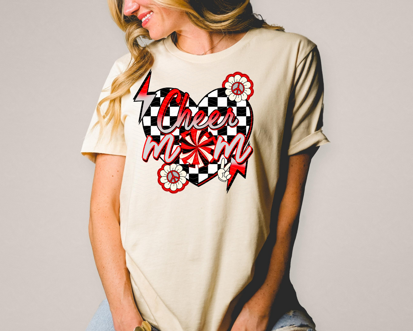 Cheer Mom Checkered Heart Red DTF TRANSFER