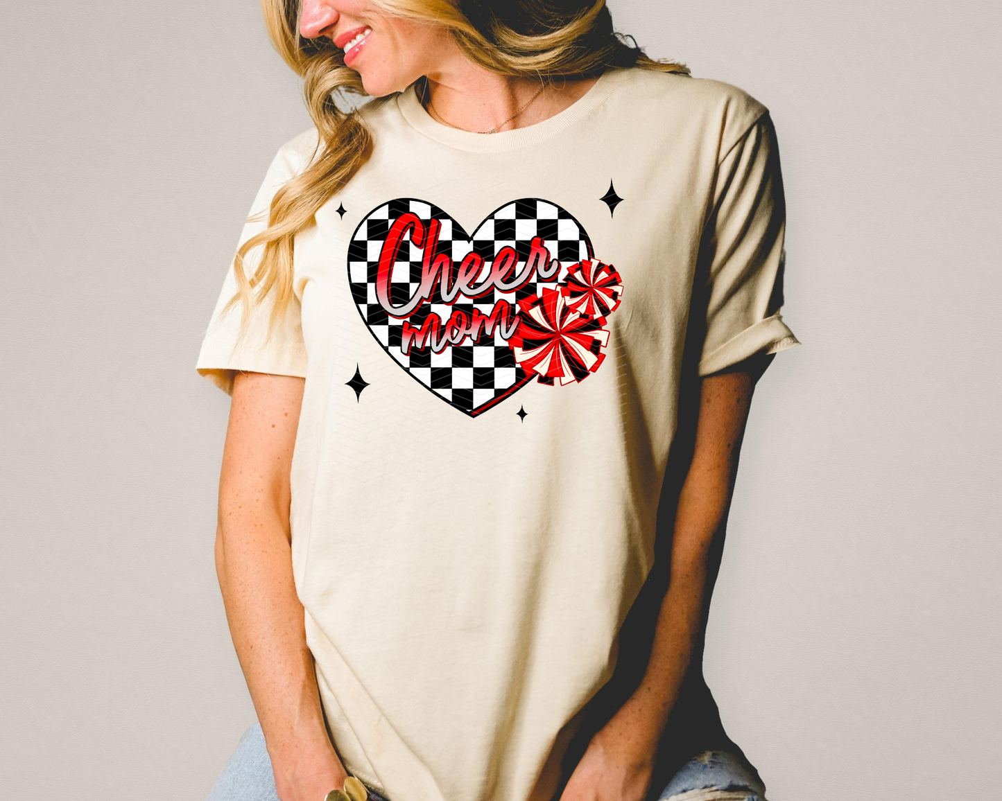 Cheer Mom Checkered Heart Red DTF TRANSFER
