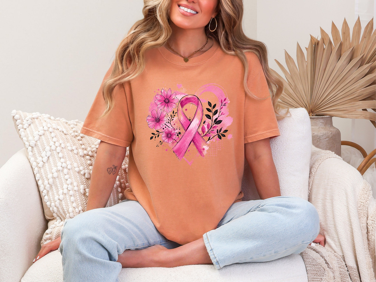 Floral Heart Breast Cancer Ribbon DTF TRANSFER