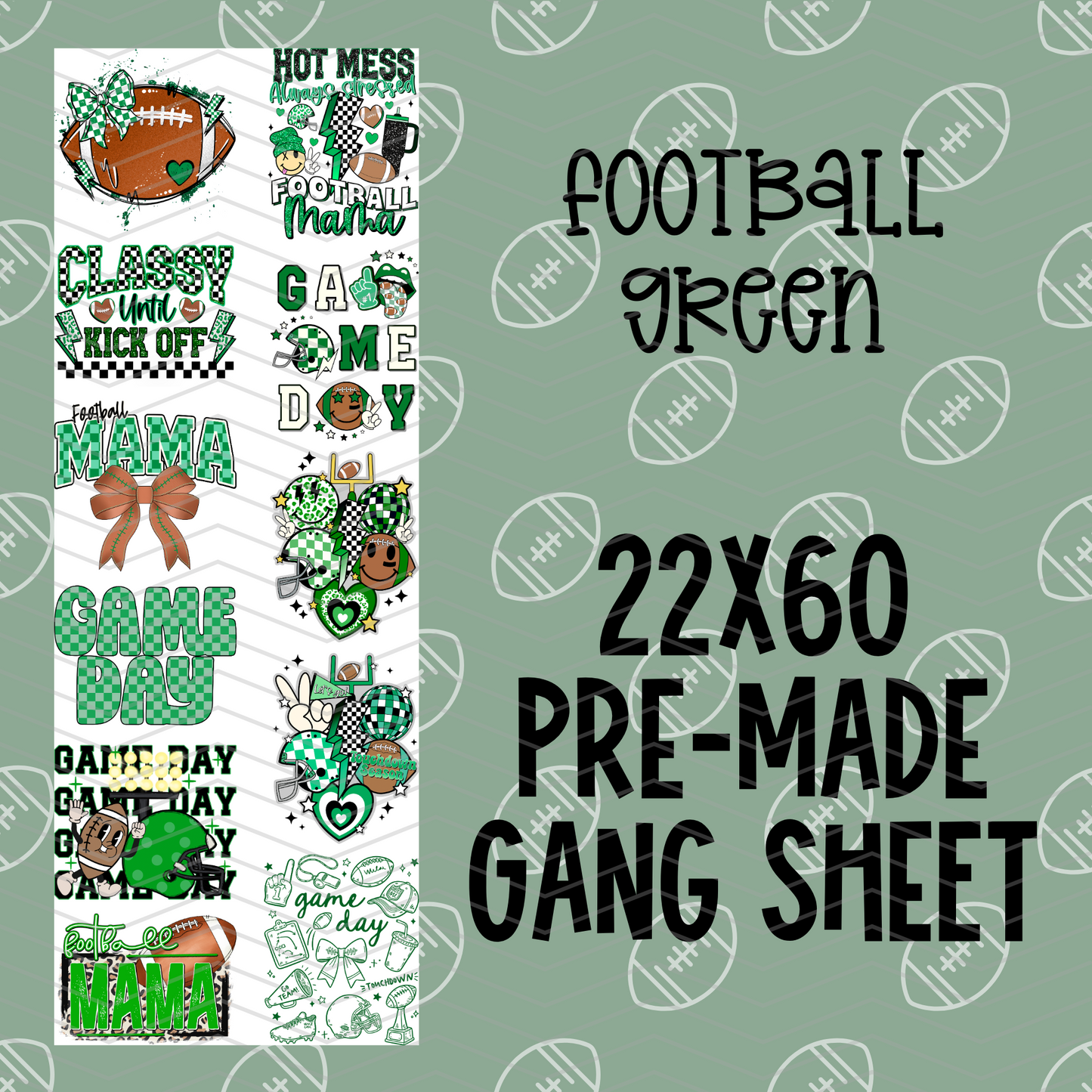 Football Green Pre-Made Gang Sheet - 22x60