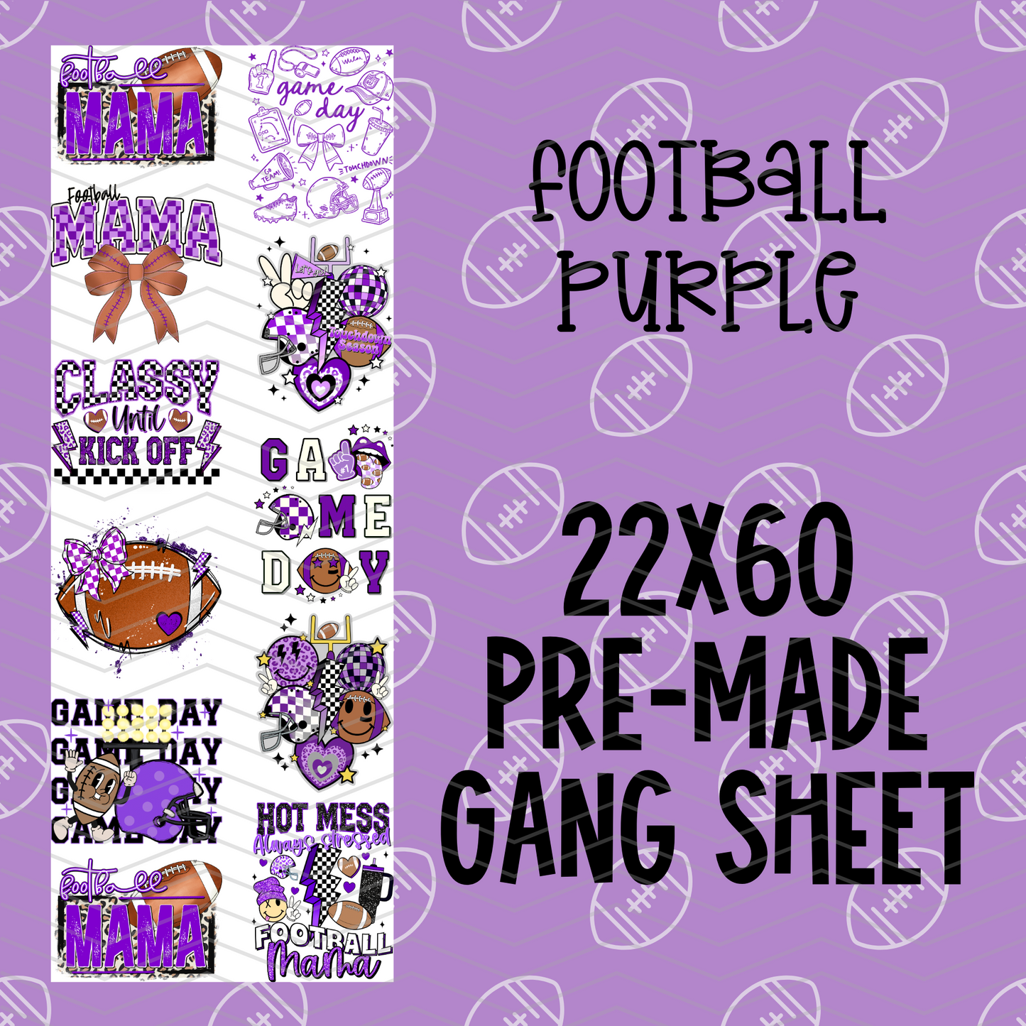 Football Purple Pre-Made Gang Sheet - 22x60