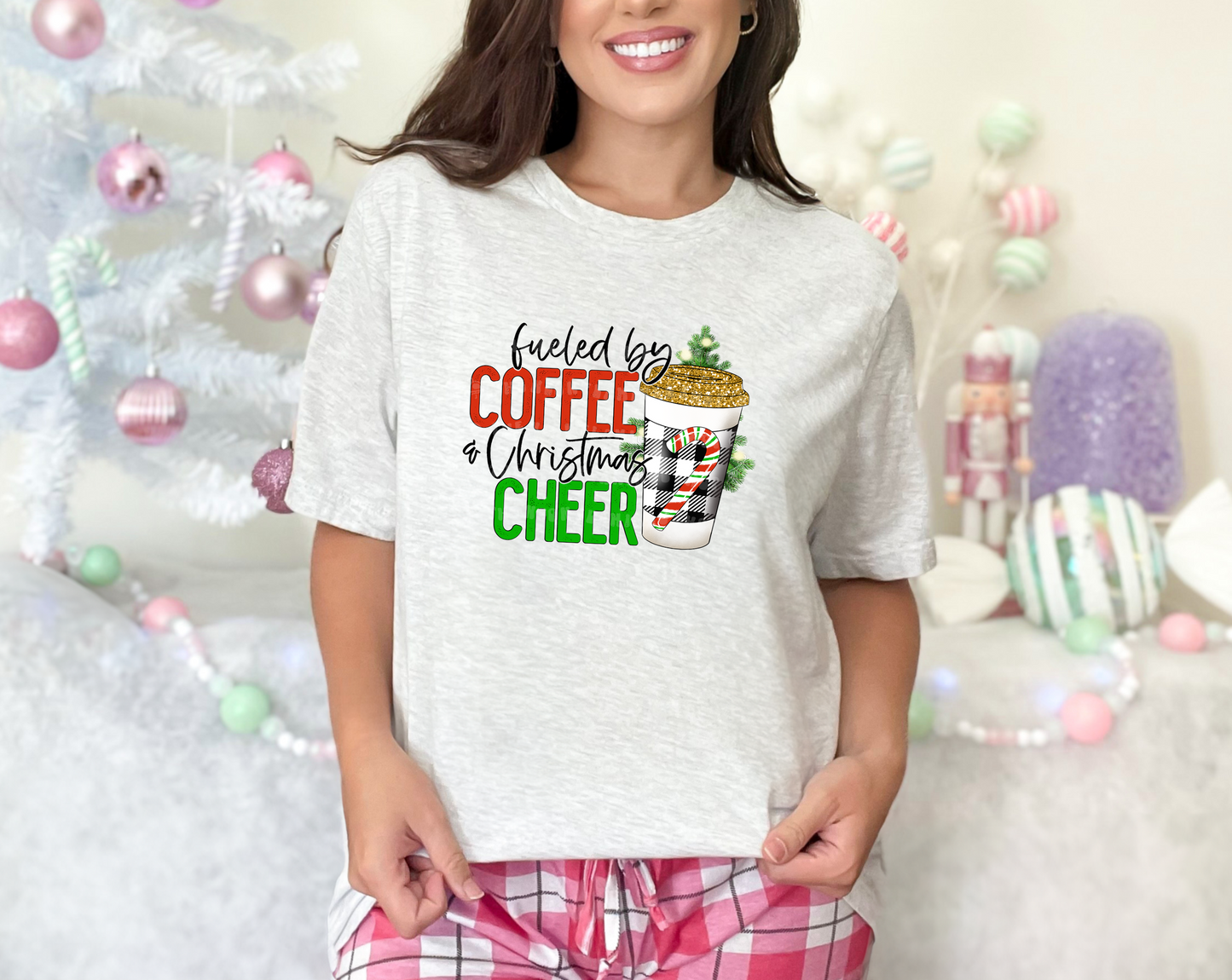 Fueled By Coffee and Christmas Cheer Plaid DTF TRANSFER