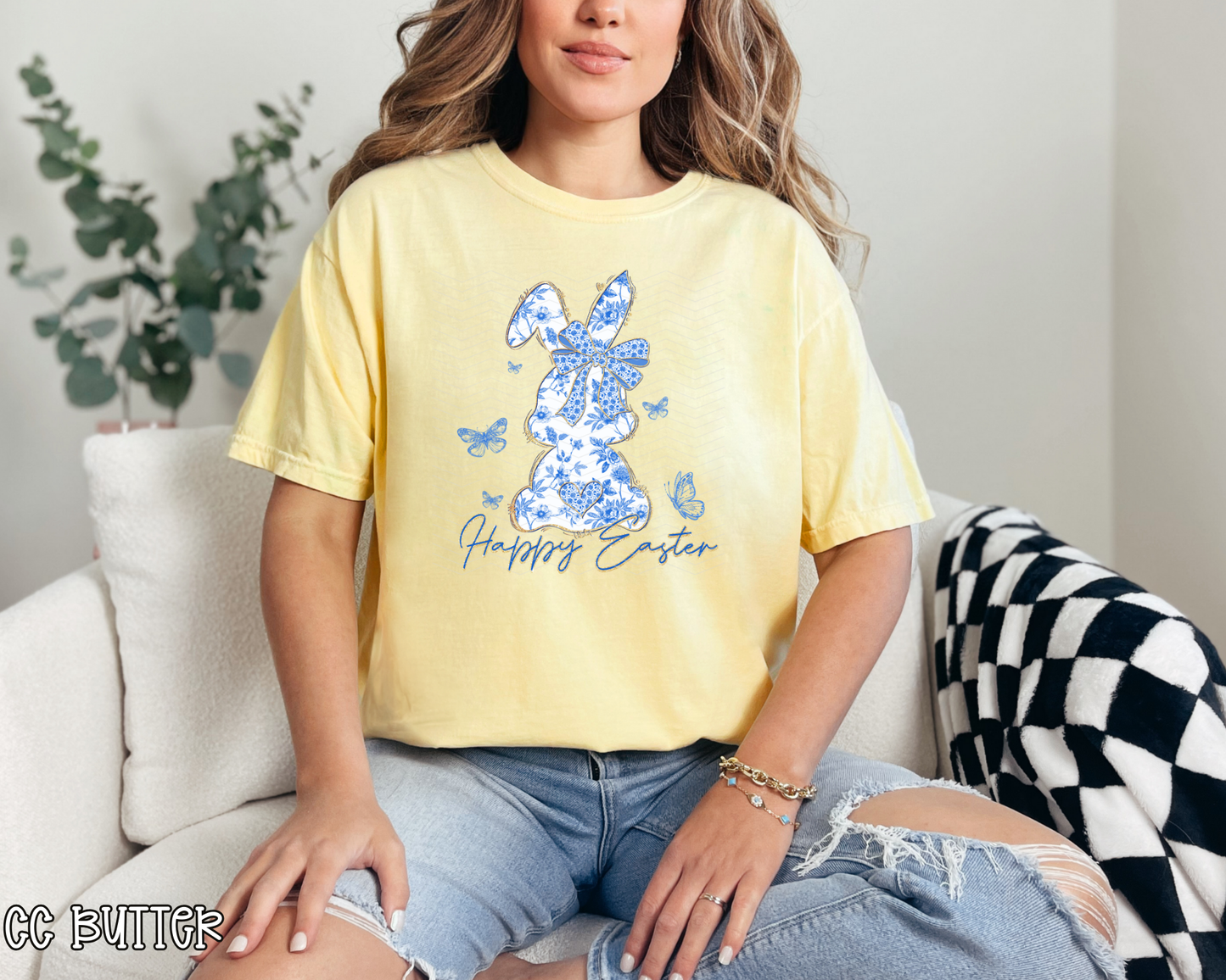 Happy Easter Blue Chinoserie Bunny DTF TRANSFER