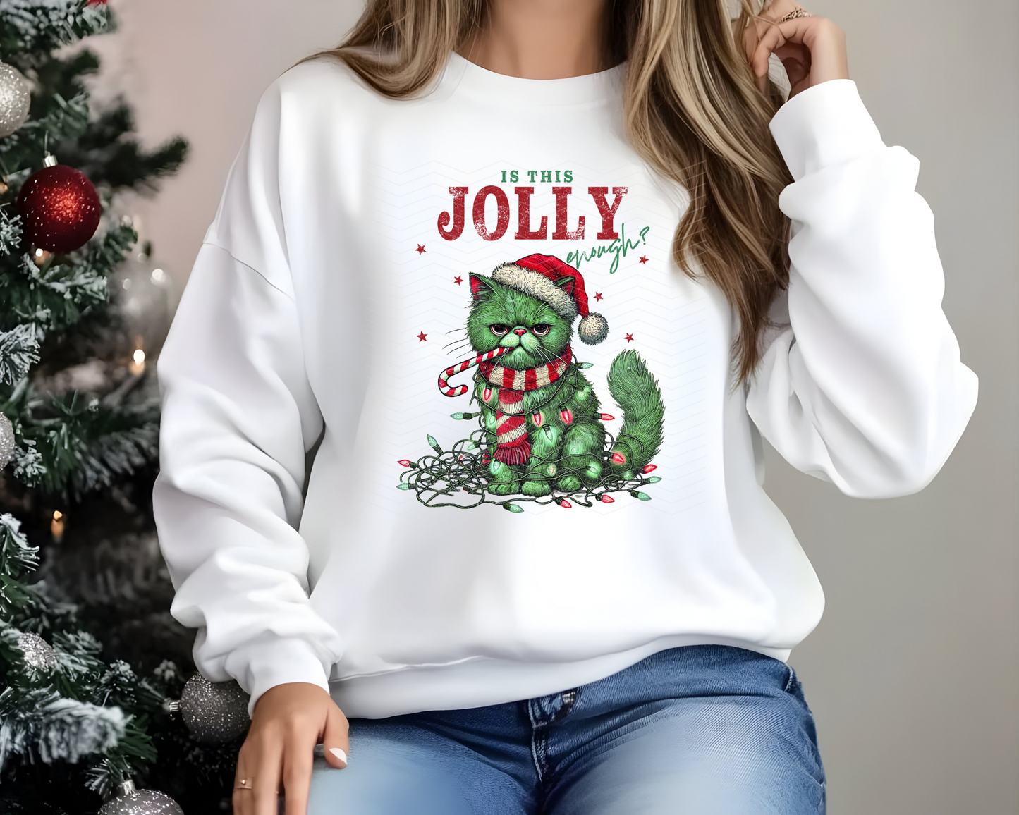 Is This Jolly Enough? Green Cat DTF TRANSFER