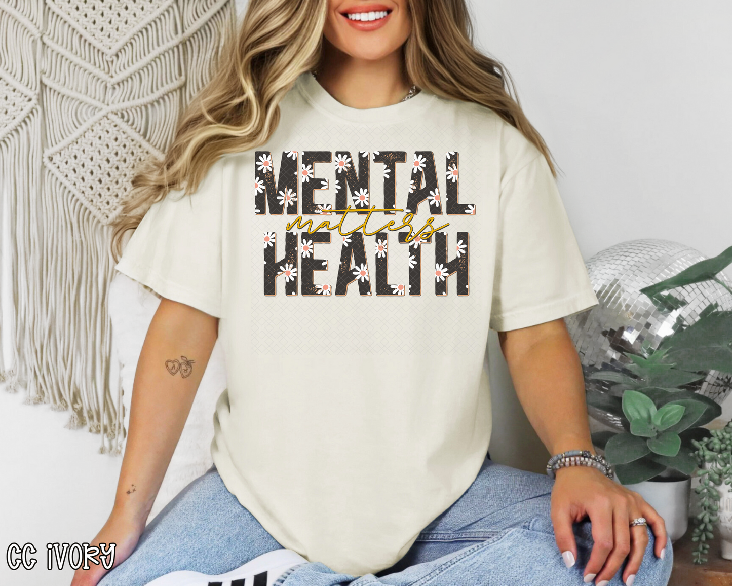 Mental Health Matters Retro Daisy Black DTF TRANSFER