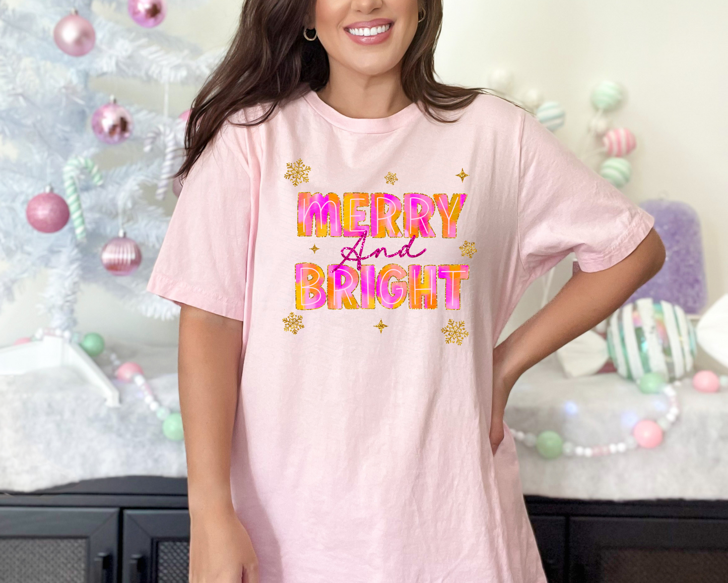 Merry & Bright Pink & Orange Watercolor DTF TRANSFER
