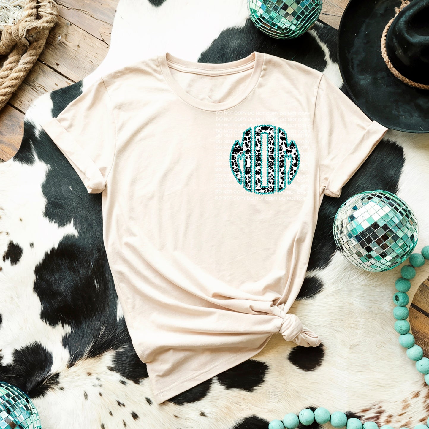 Mom Cow Hide Turquoise Monogram DTF TRANSFER