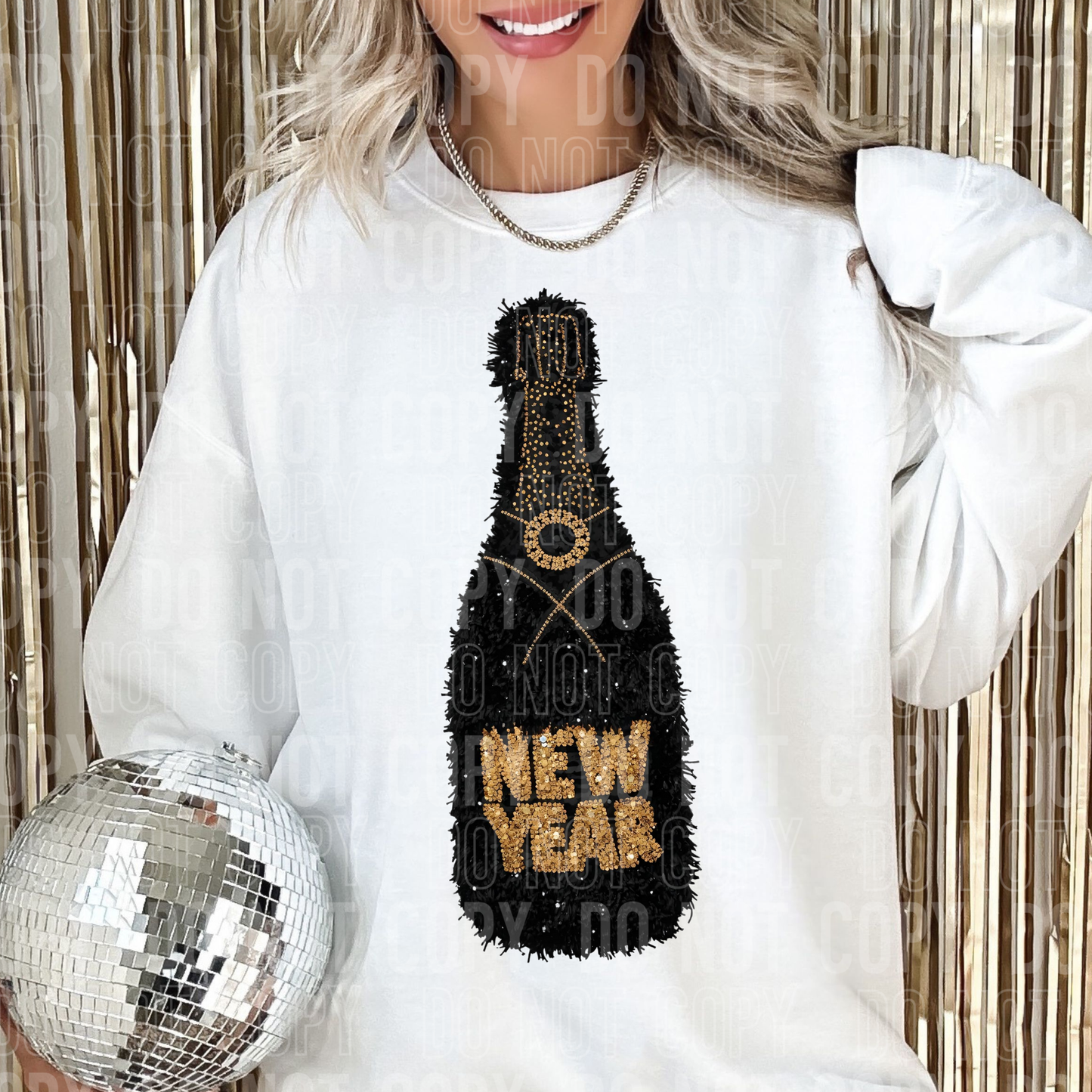 New Years Champagne Bottle Faux Yarn DTF TRANSFER
