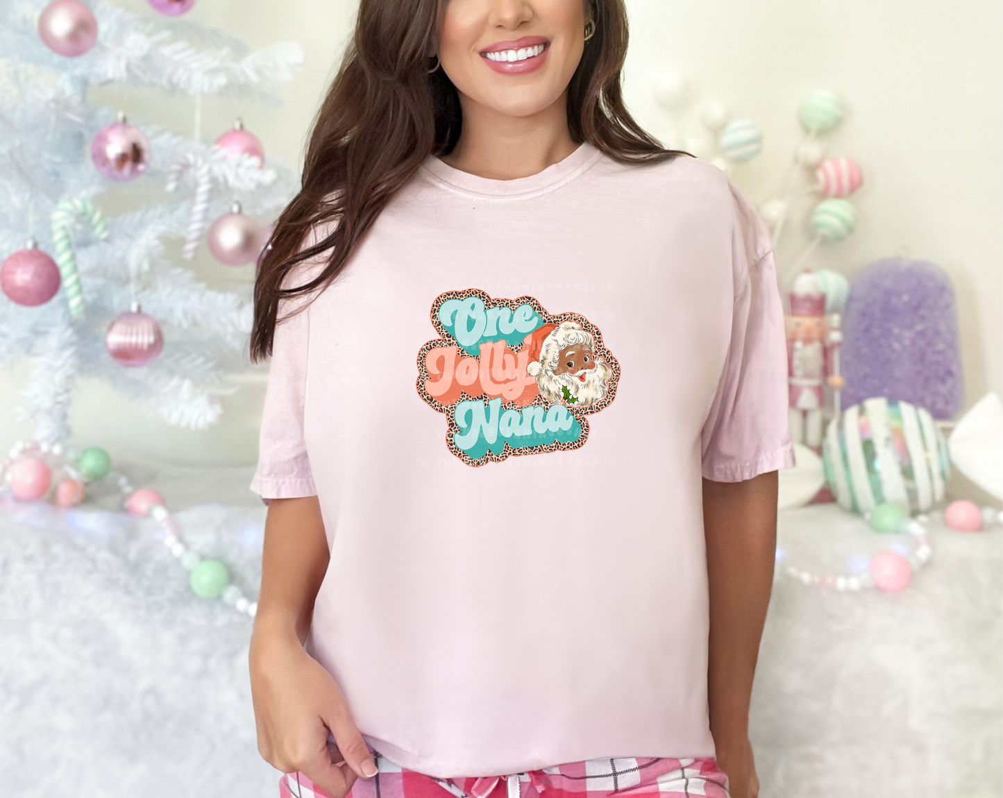 One Jolly Nana Pink Blue Leopard Dark Skin DTF TRANSFER