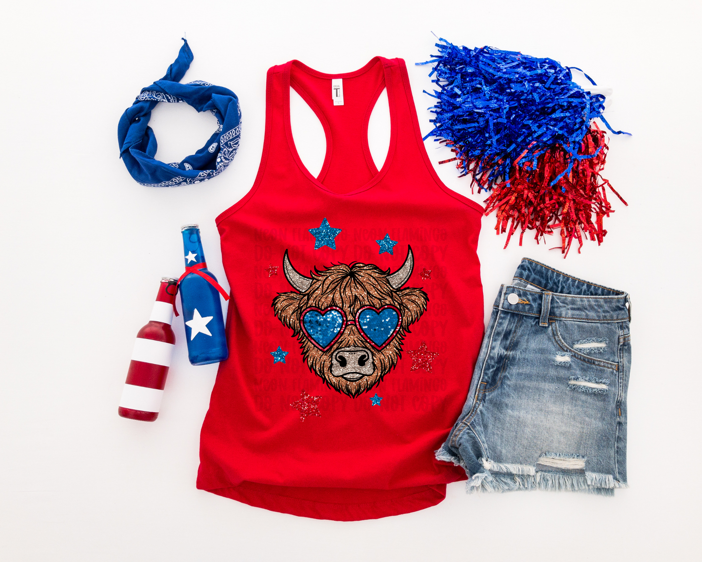 Patriotic Glitter Highland Cow DTF TRANSFER
