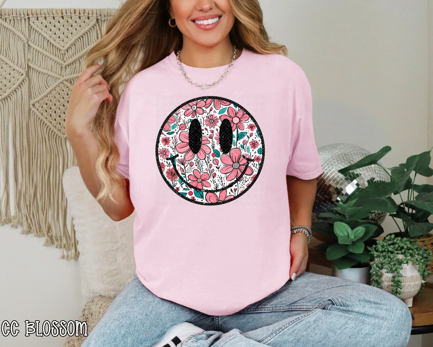 Pink Floral Smiley DTF TRANSFER