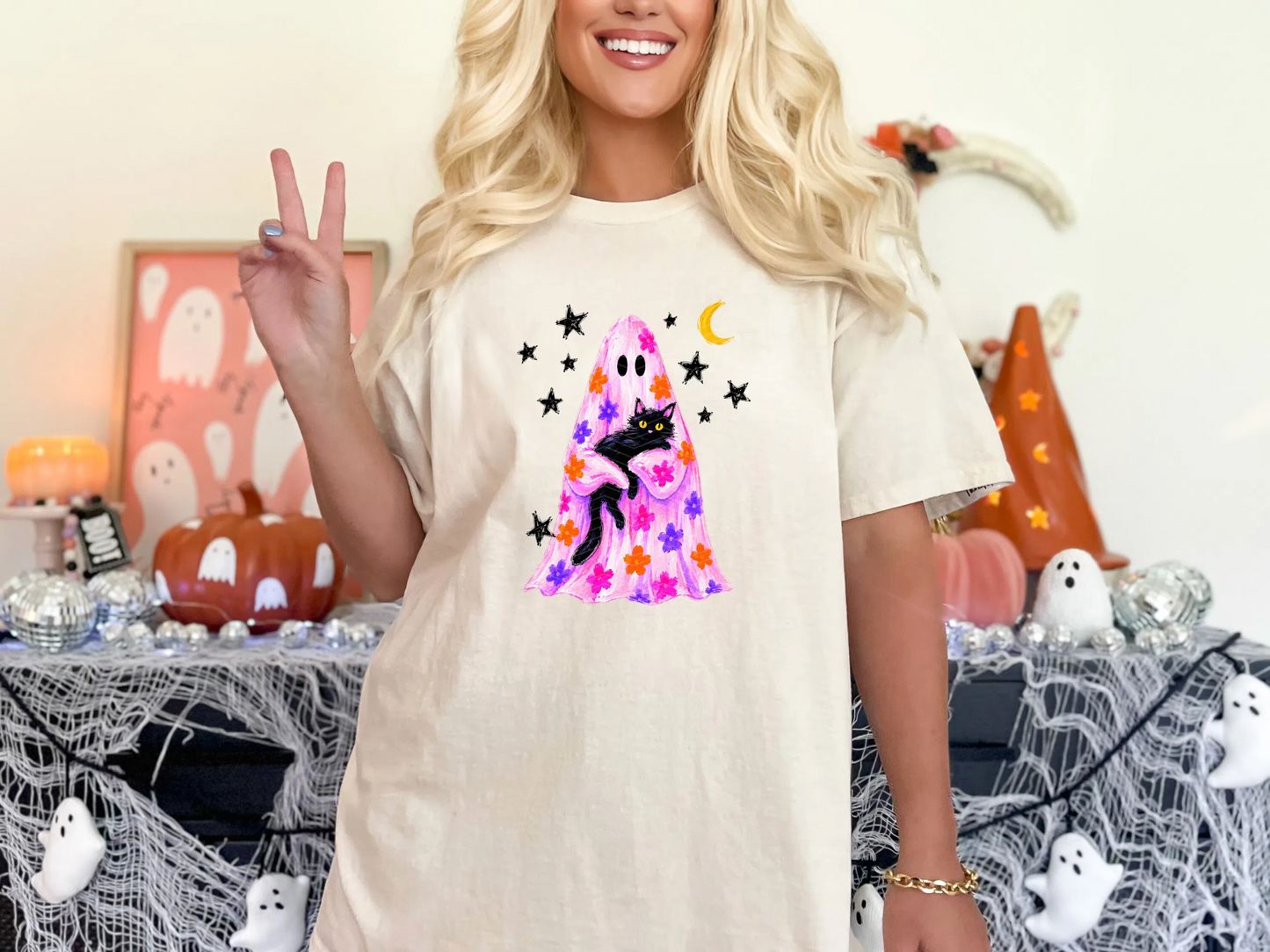 Pink Flower Ghost holding Black Cat DTF TRANSFER