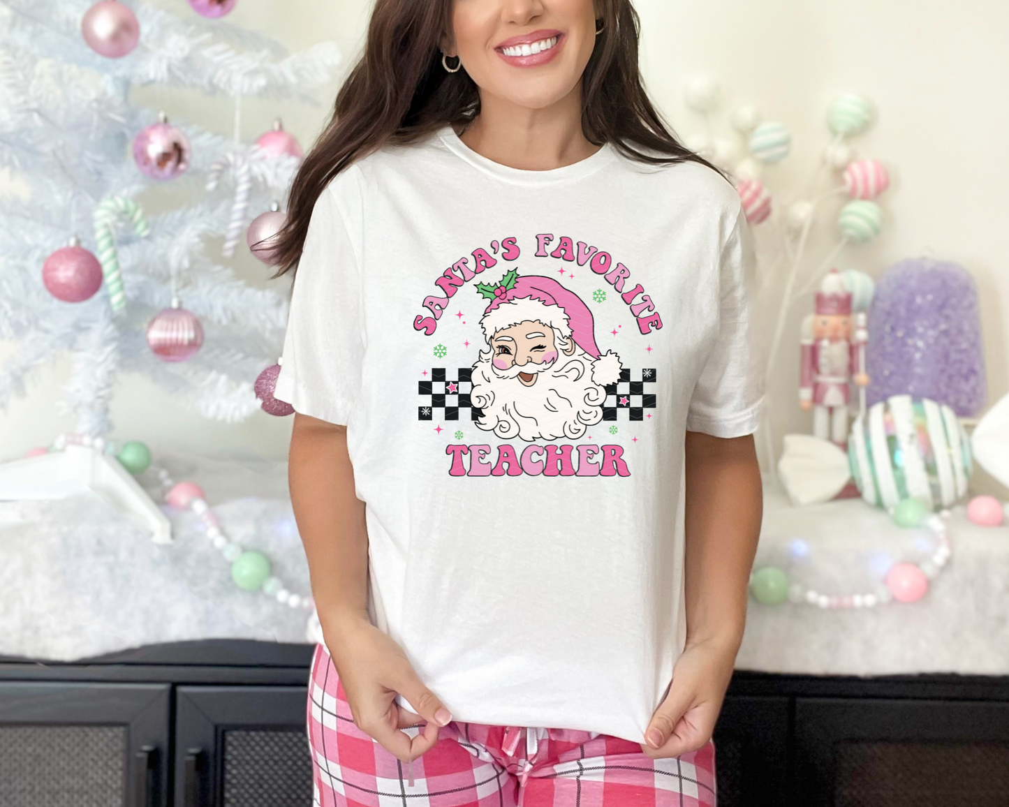 Santa's Favorite Teacher Pink DTF TRANSFER