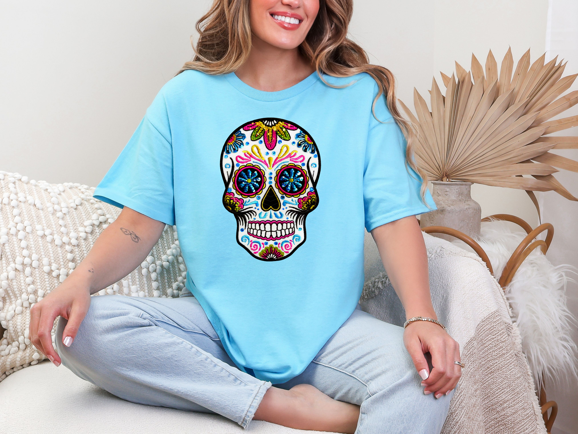 Sugar Skull Faux Embroidery Sequin DTF TRANSFER