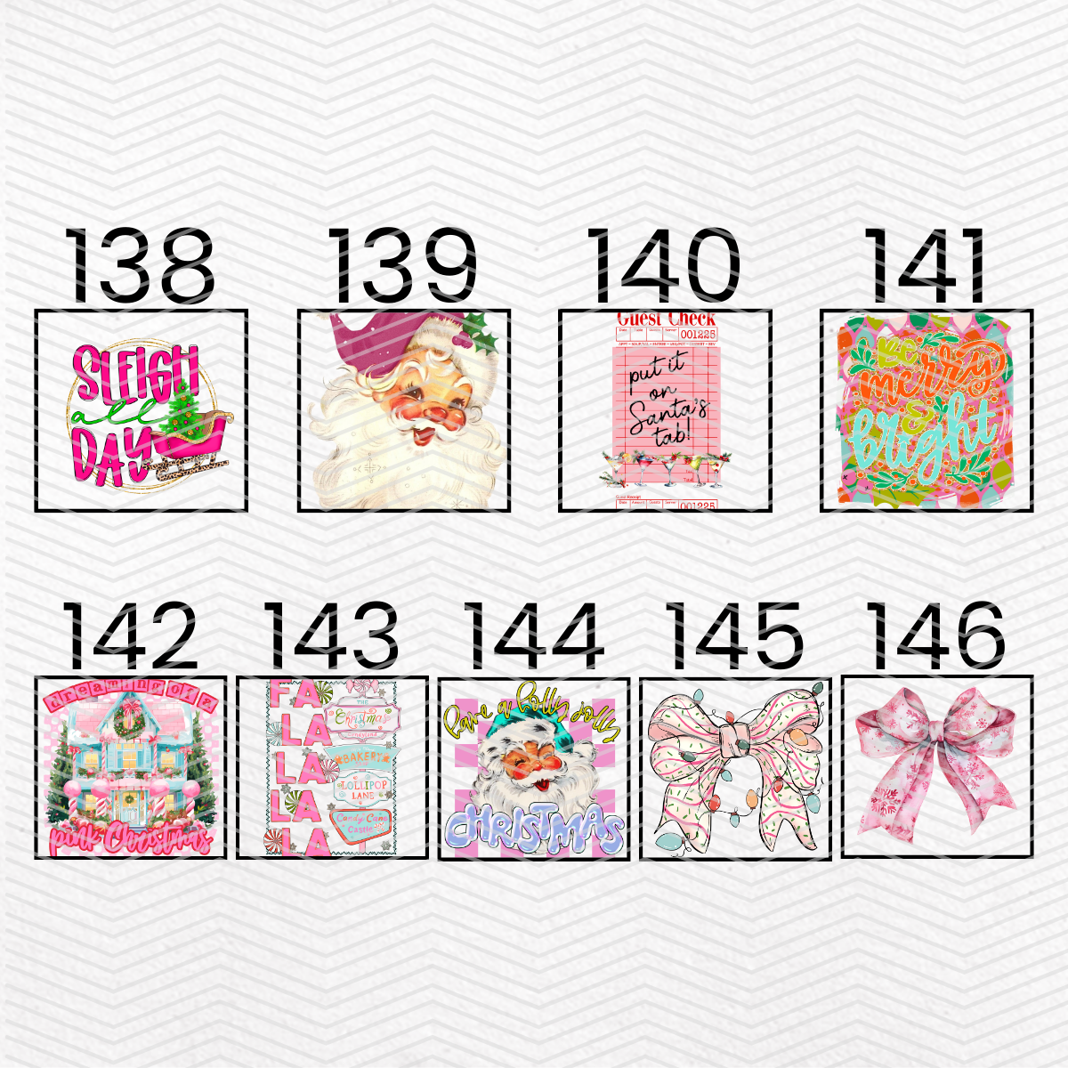 PINK CHRISTMAS $2 Transfers - LIVE SALE ONLY Printed Transfers Unlimited Quantities Flat Rate Shipping $10 via UPS Final Sales No Returns or Exchanges