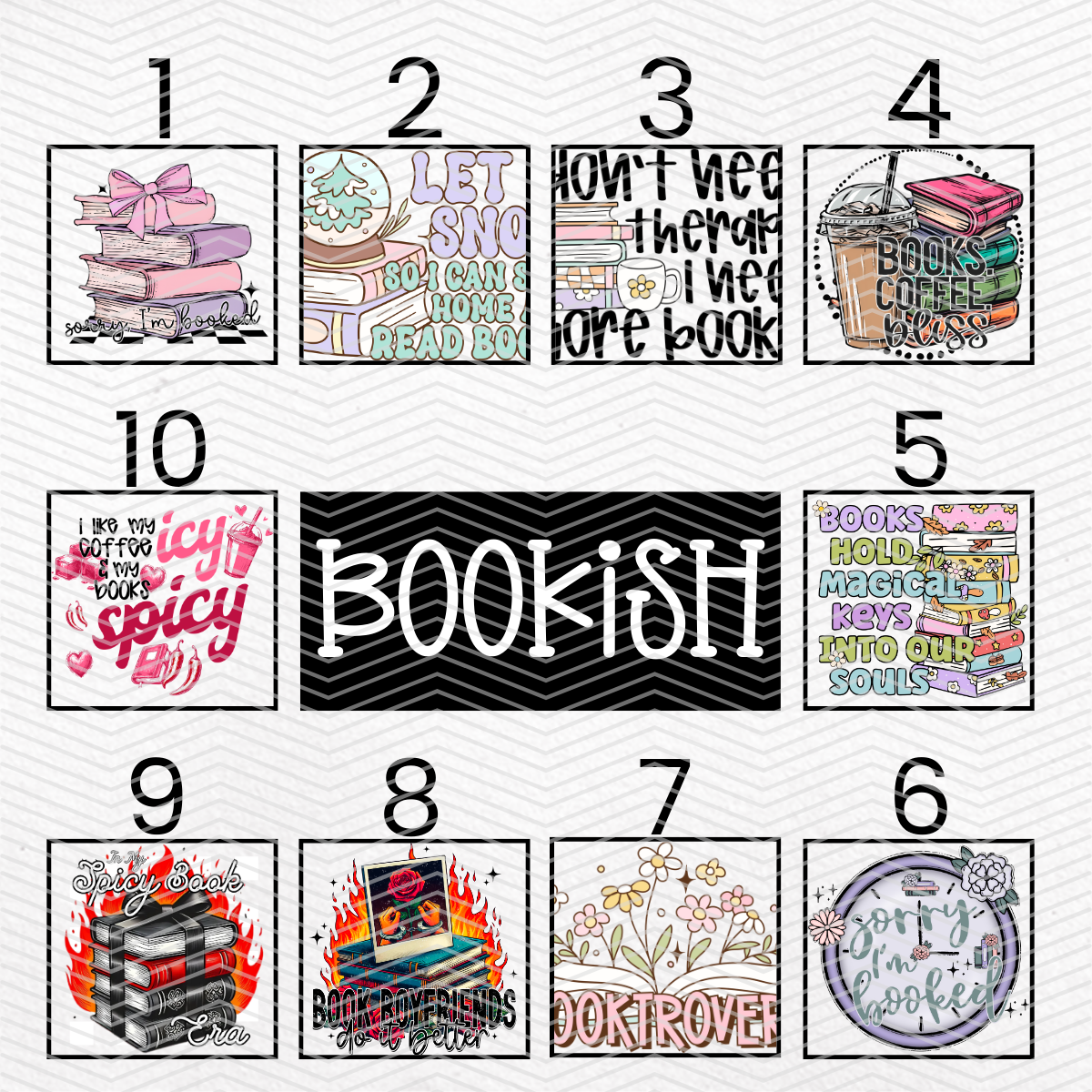 BOOKISH $2 Transfers - LIVE SALE ONLY Printed Transfers Unlimited Quantities Flat Rate Shipping $10 via UPS Final Sales No Returns or Exchanges