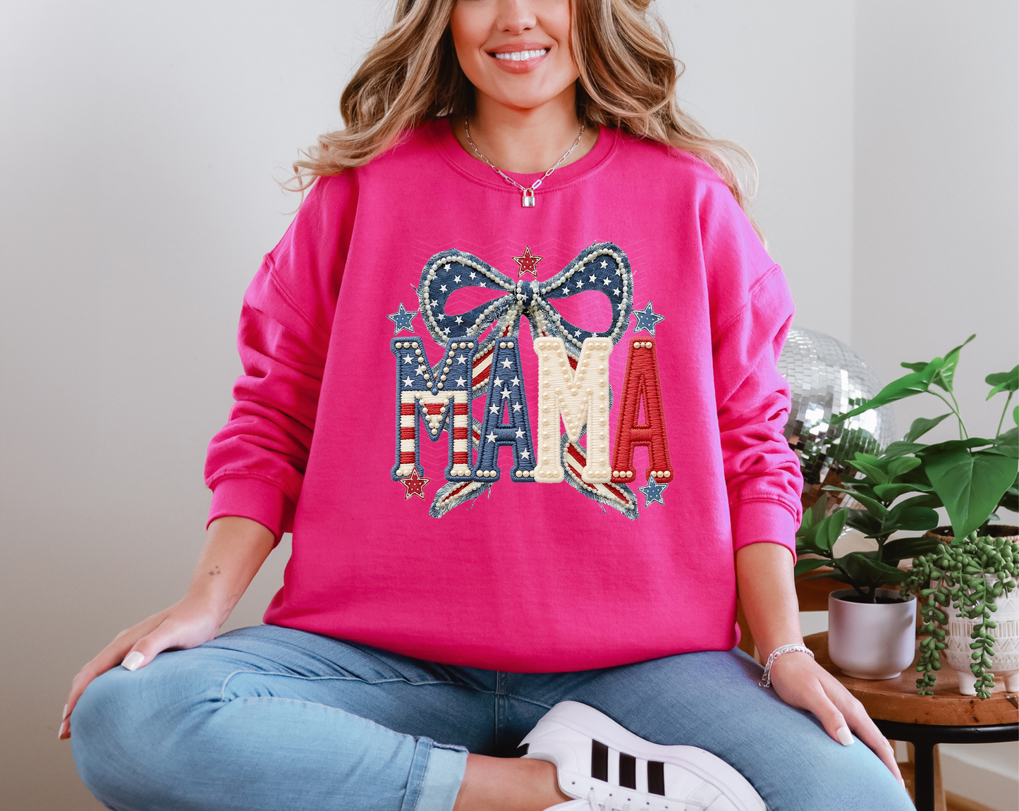 Mama Patriotic Denim Pearls DTF TRANSFER
