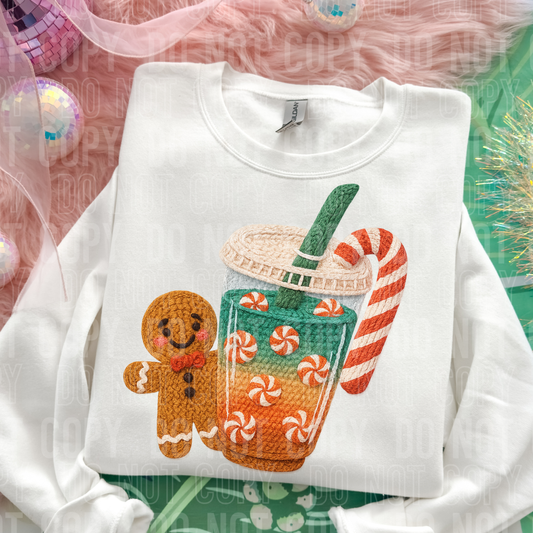 Gingerbread Candy Cane Coffee Faux Yarn DTF TRANSFER