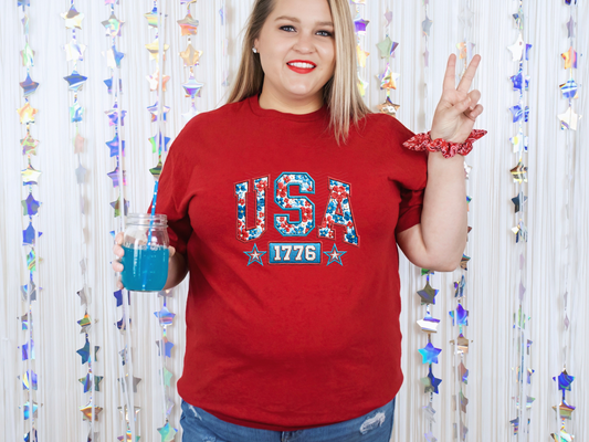 USA 1776 Floral Faux Embroidery DTF TRANSFER