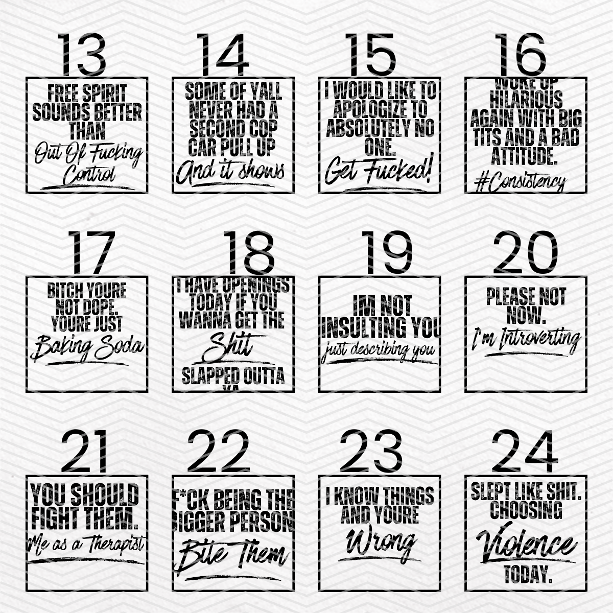 SNARKY $2 Transfers - LIVE SALE ONLY Printed Transfers 11" Print Size Unlimited Quantities Flat Rate Shipping $10 via UPS Final Sales No Returns or Exchanges