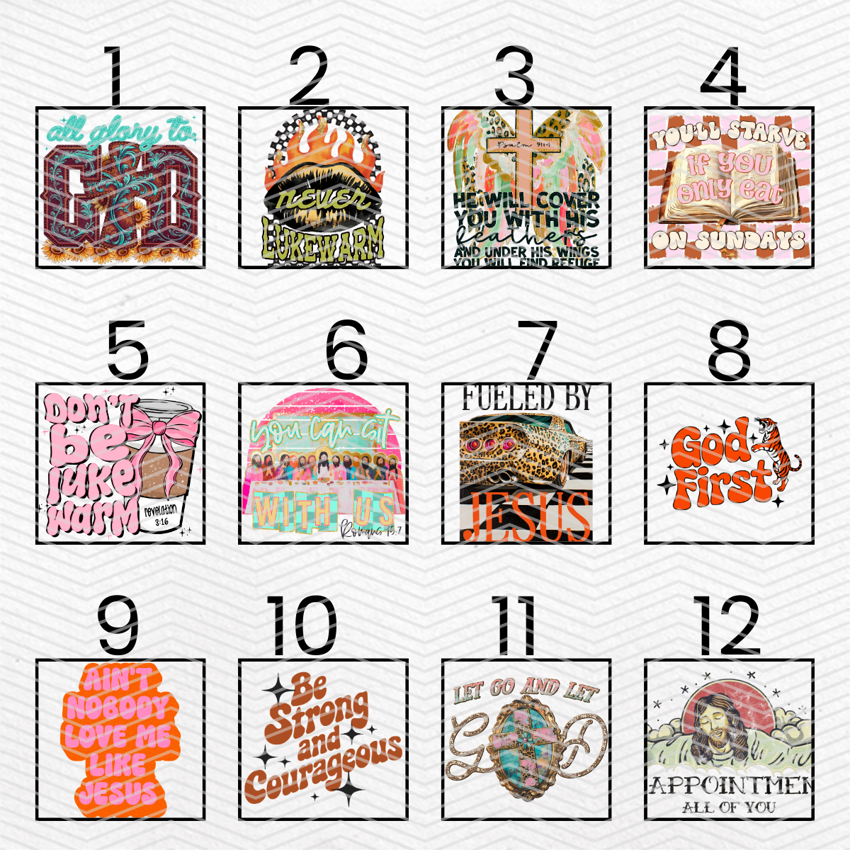 FAITH-BASED $2 Transfers - LIVE SALE ONLY Printed Transfers Unlimited Quantities Flat Rate Shipping $10 via UPS Final Sales No Returns or Exchanges