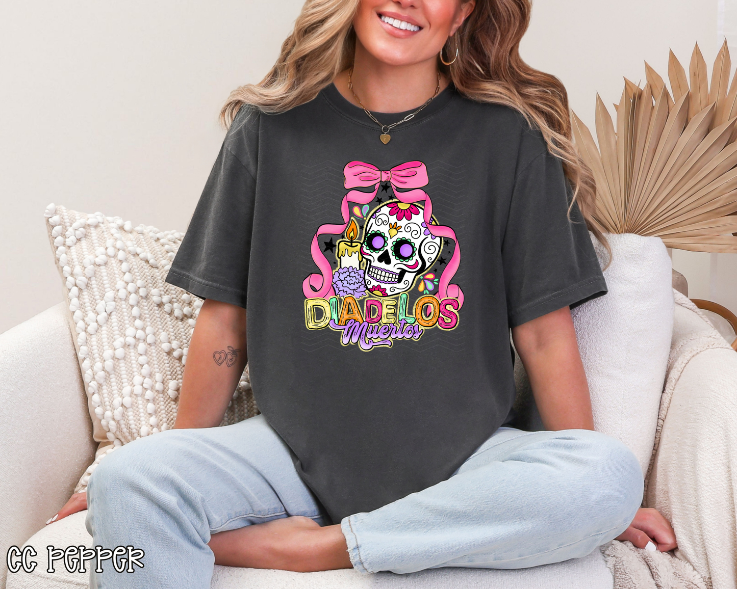 Dia De Los Muertos Pink Bow Black DTF TRANSFER