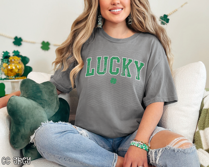 Lucky Varsity Distressed White DTF TRANSFER