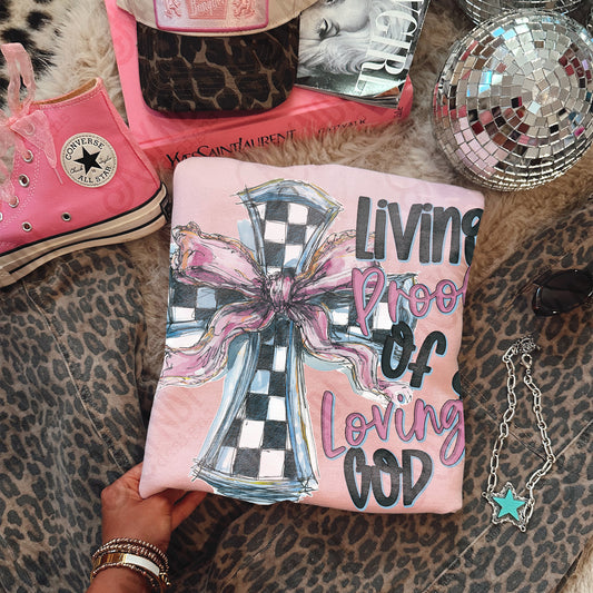 Living Proof of a Loving God Checkered Cross DTF TRANSFER