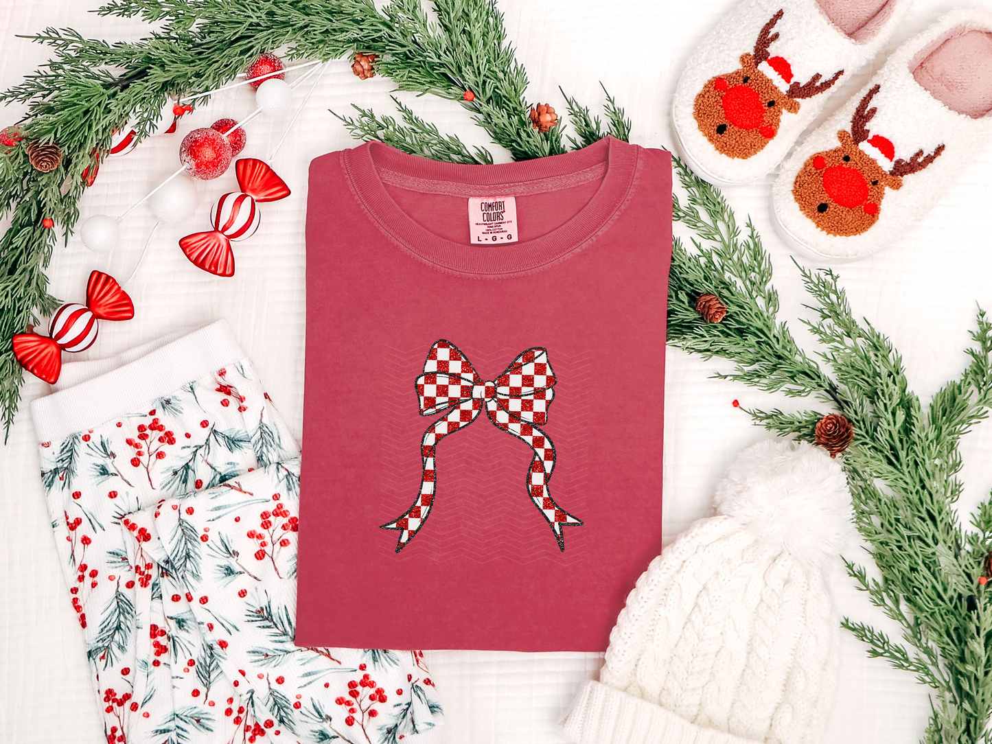 Red White Checkered Glitter Bow DTF TRANSFER