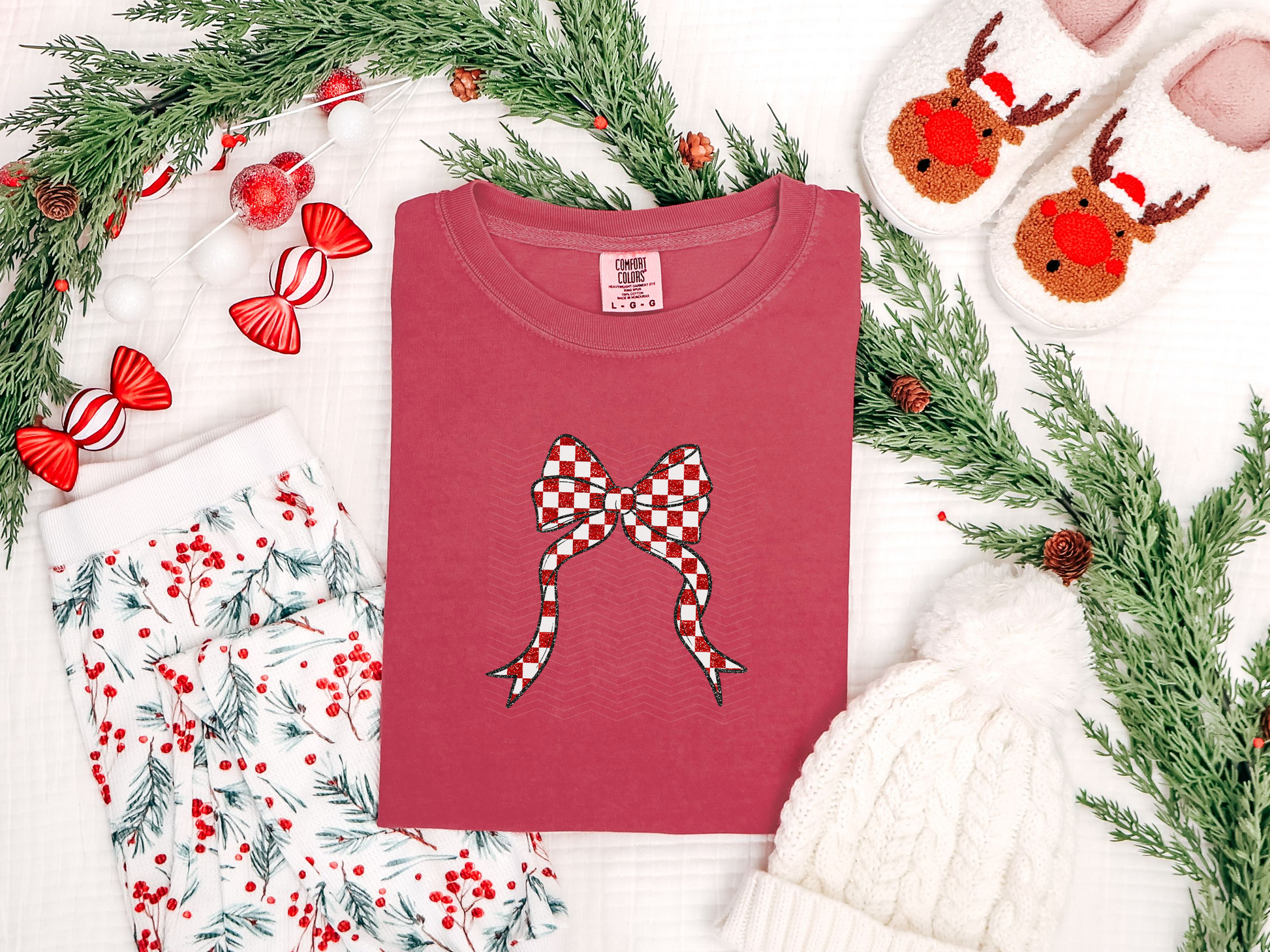 Red White Checkered Glitter Bow DTF TRANSFER