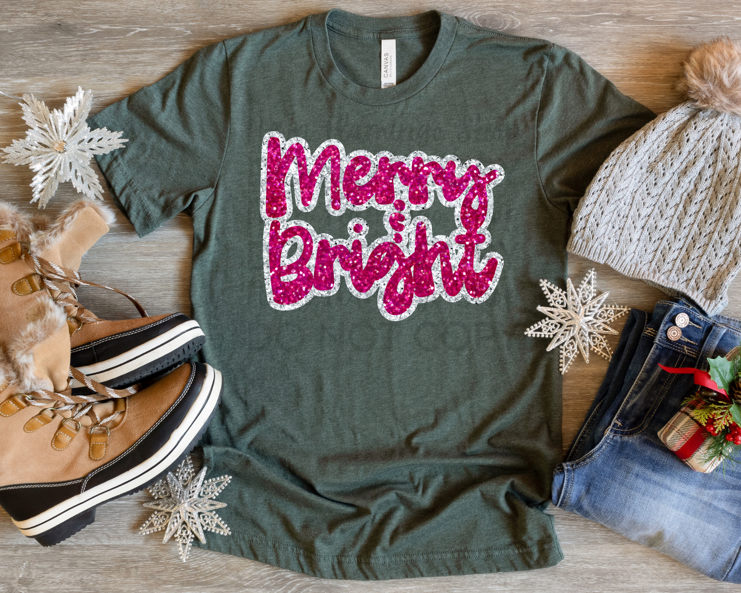 Merry & Bright Pink Glitter DTF TRANSFER