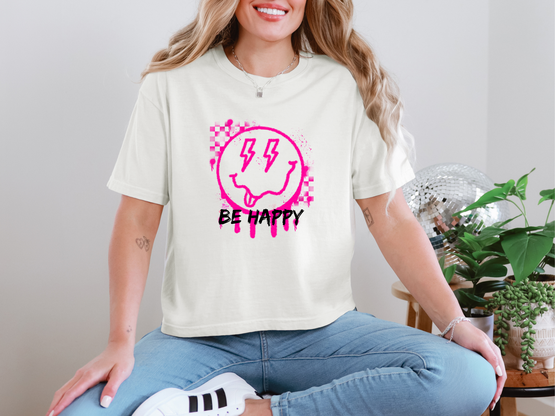 Be Happy Pink Spray Paint Smiley DTF TRANSFER