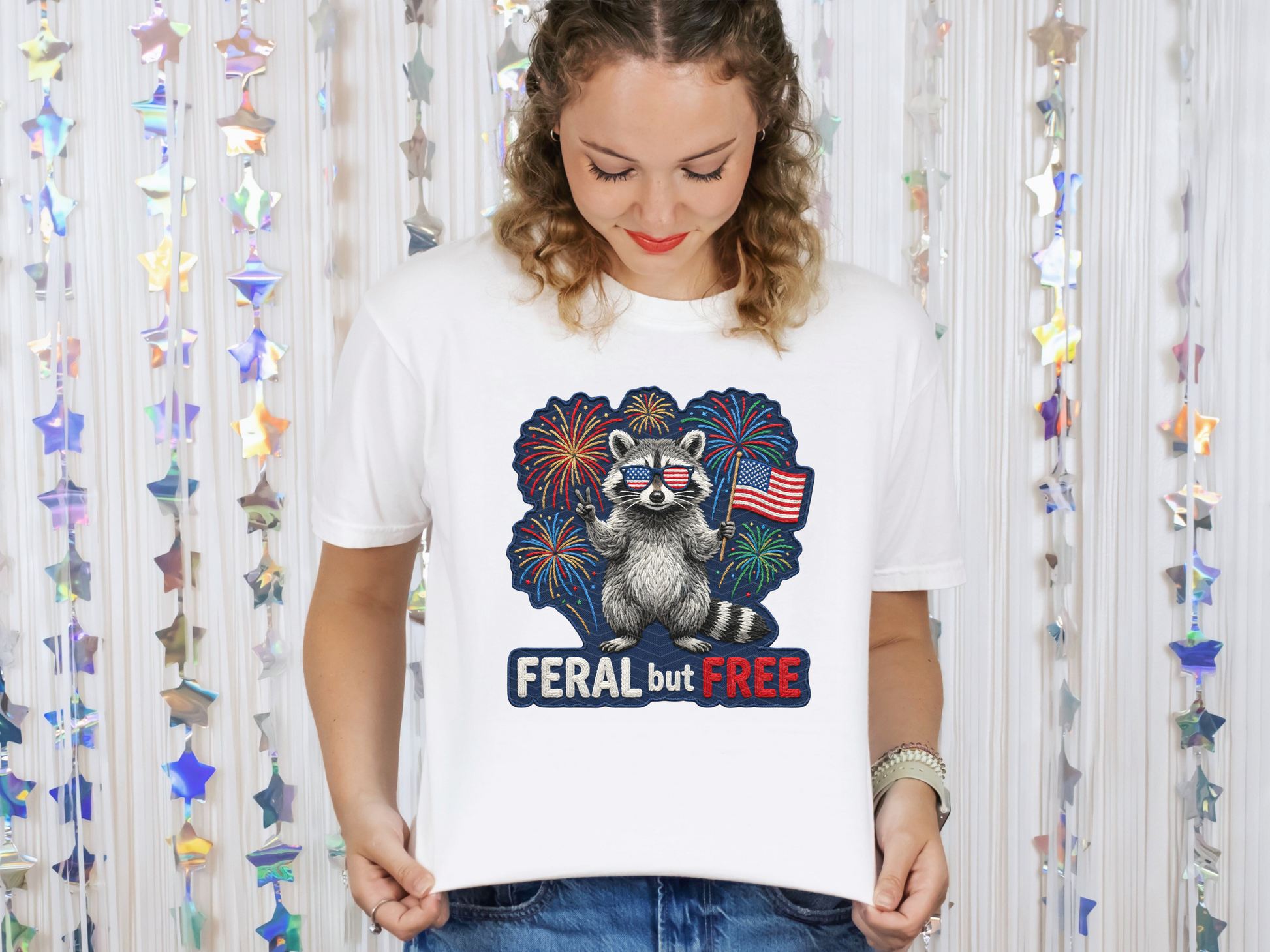 Feral But Free Raccoon Fireworks DTF TRANSFER
