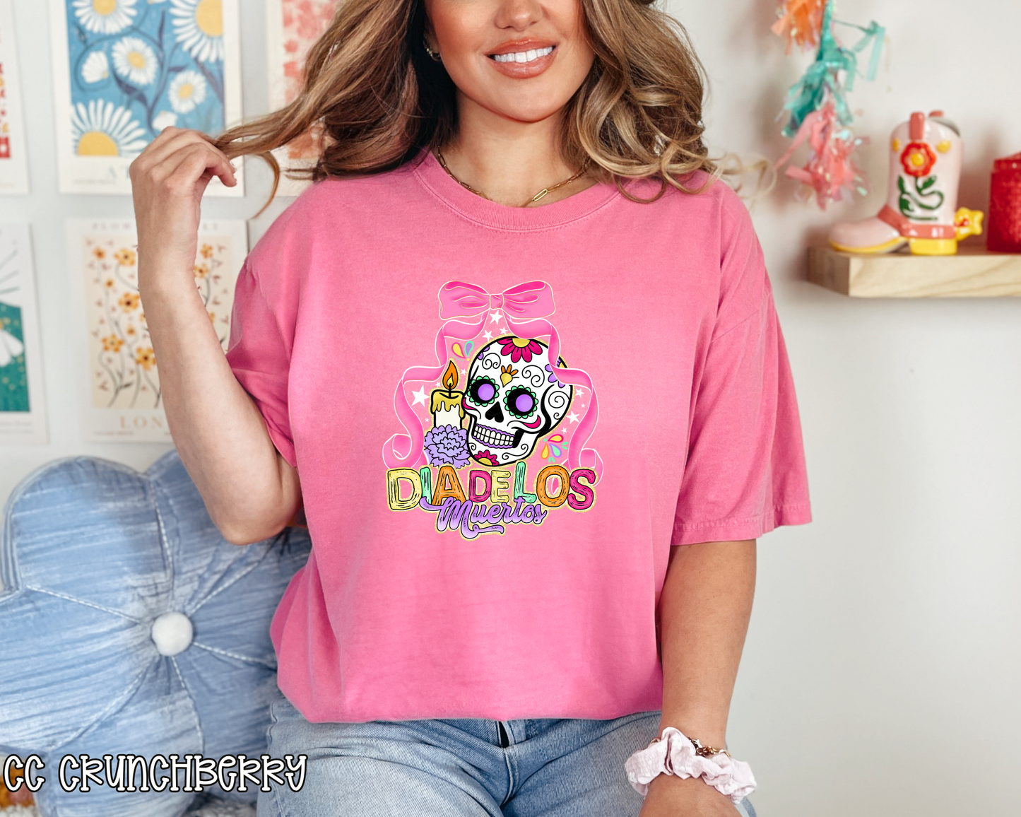 Dia De Los Muertos Pink Bow White DTF TRANSFER