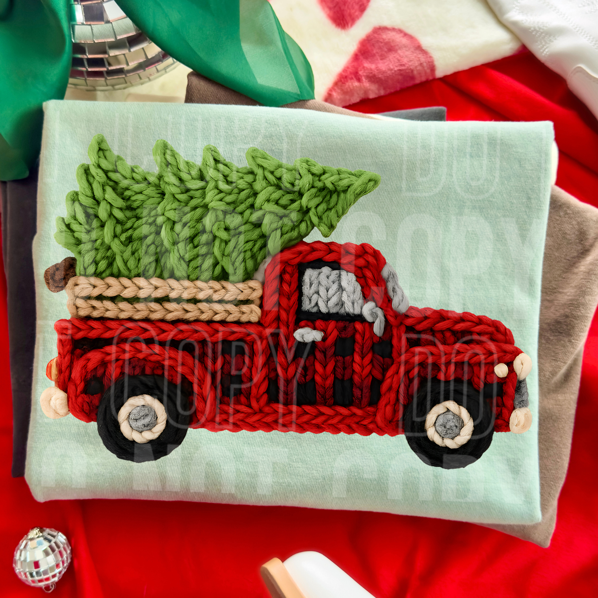 Christmas Plaid Truck Faux Yarn DTF TRANSFER