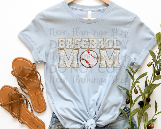 Baseball Mom White Faux Patch DTF TRANSFER