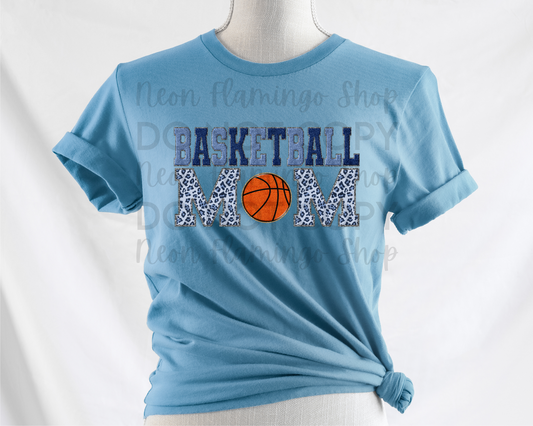 Basketball Mom Blue Leopard Faux Patch DTF TRANSFER