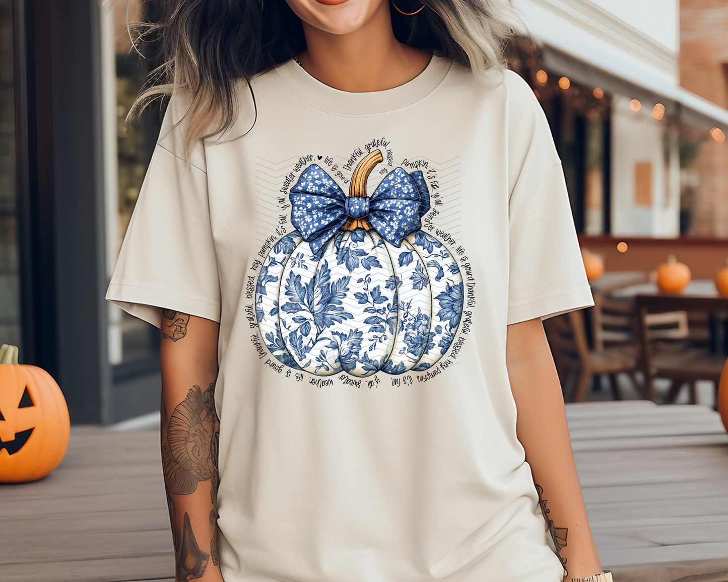 Blue Floral Pumpkin DTF TRANSFER