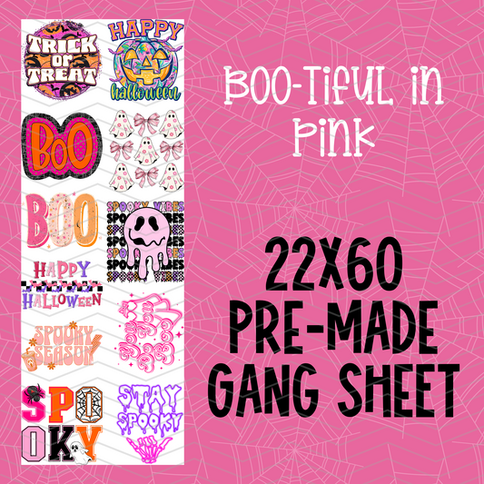 Boo-tiful in Pink Halloween Pre-Made Gang Sheet 22x60 DTF Transfers for Spooky Fun Graphics on Tees