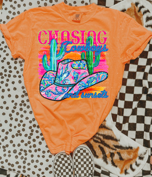 Chasing Cowboys and Sunsets Neon Scene DTF TRANSFER