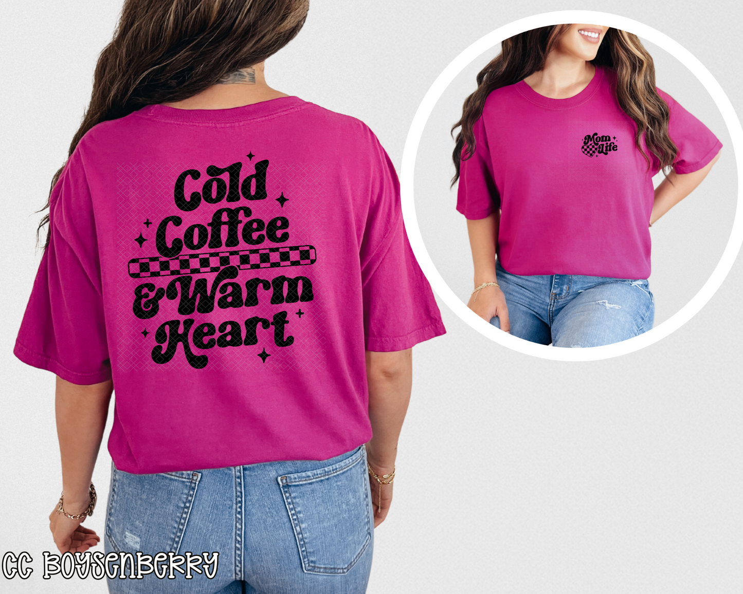 Cold Coffee & Warm Heart back + pocket DTF TRANSFER