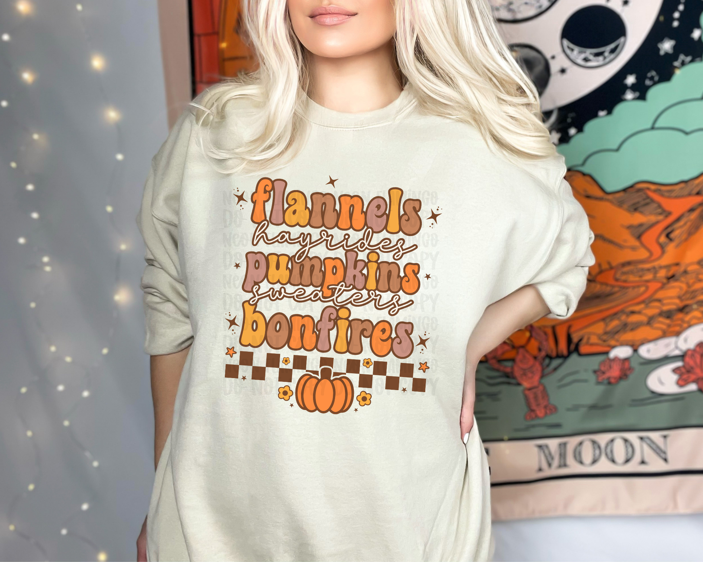 Flannels Hayrides Pumpkins Sweaters Bonfires distressed