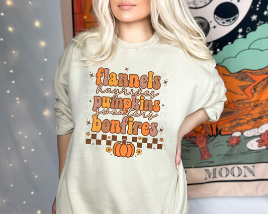 Flannels Hayrides Pumpkins Sweaters Bonfires distressed