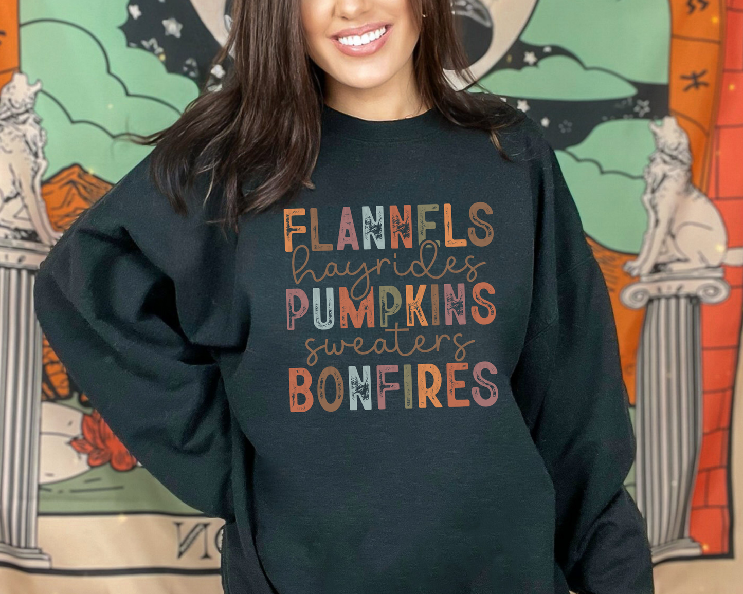 Flannels Hayrides Pumpkins Sweaters Bonfires distressed