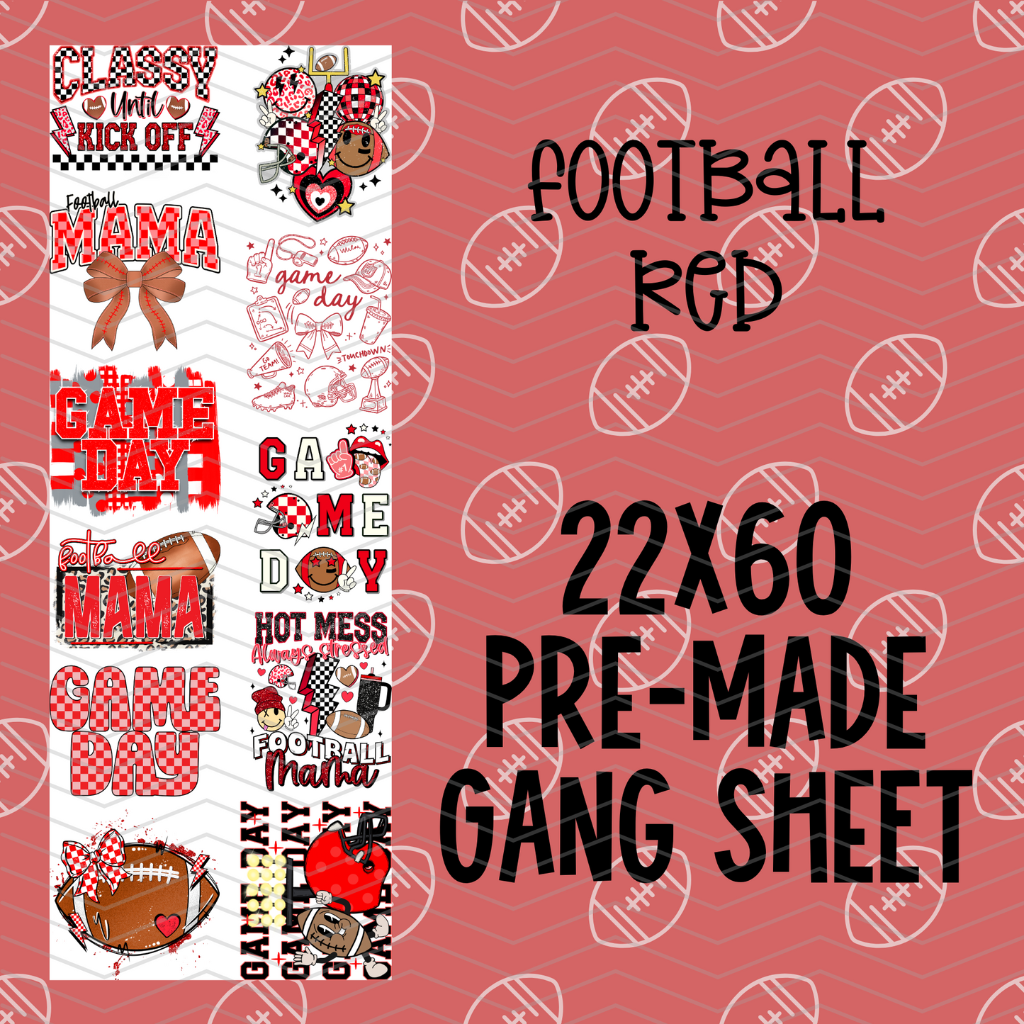 Football Red Pre-Made Gang Sheet - 22x60